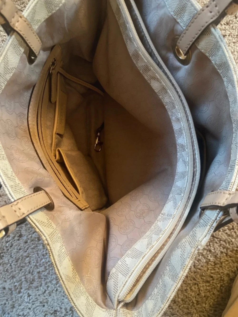 MICHAEL Michael Kors Cream MK Logo Tote with Tan Leather Straps